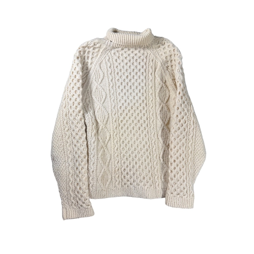 Vintage Irish Craft Hand Knit Pure Wool Cable Knit Roll Neck Sweater Cream 42